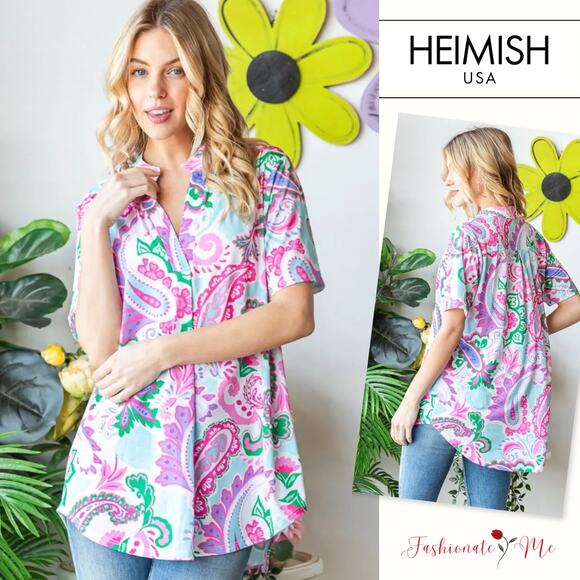 Heimish Paisley Print Short Sleeves High-Low Hem V-Neck Blouse | Off White/Pink - Picture 1 of 8